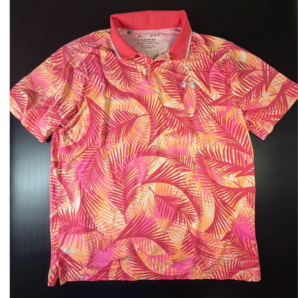 Under Armour Mens Iso-Chill Polo Shirt Large Pink Orange Tropical Palm Golf L1